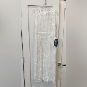 🆕Mac Duggal. Abstract Beaded Sleeveless Midi Dress in white. New. Size 6.